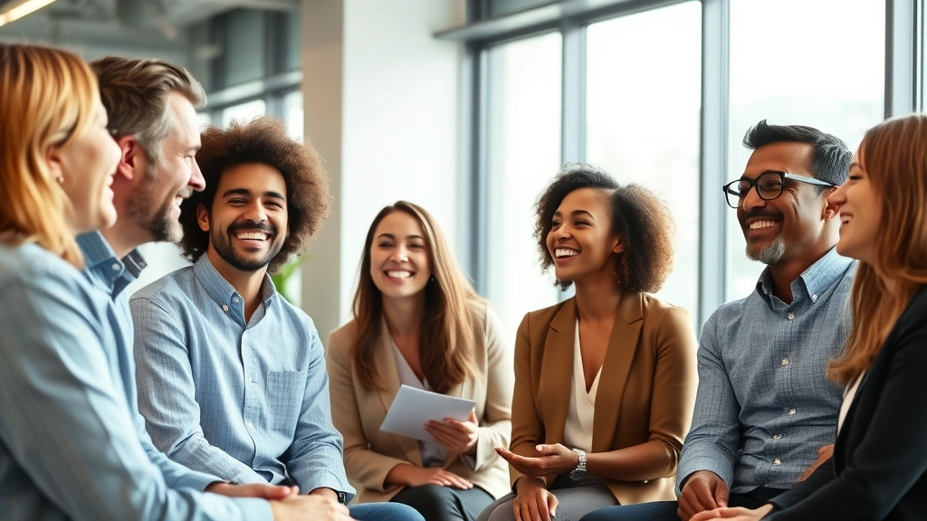 Group of diverse professionals in modern office space sharing genuine laughter during meeting, natural window lighting, relaxed body language, inclusive diverse ethnicities, collaborative atmosphere, bright modern interior, authentic connection, photorealistic, warm professional environment