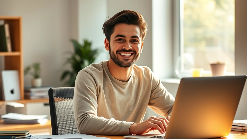 Individual at desk with genuine smile, bright natural lighting from window, relaxed confident posture, modern workspace setup, papers and laptop visible but not focused, peaceful productive atmosphere, photorealistic, warm professional setting, subtle joy expression