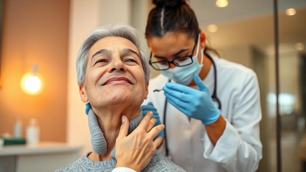 A person confidently receiving a dermatological consultation with a professional examining their neck area, showing trust and medical expertise in a modern clinic setting with warm lighting