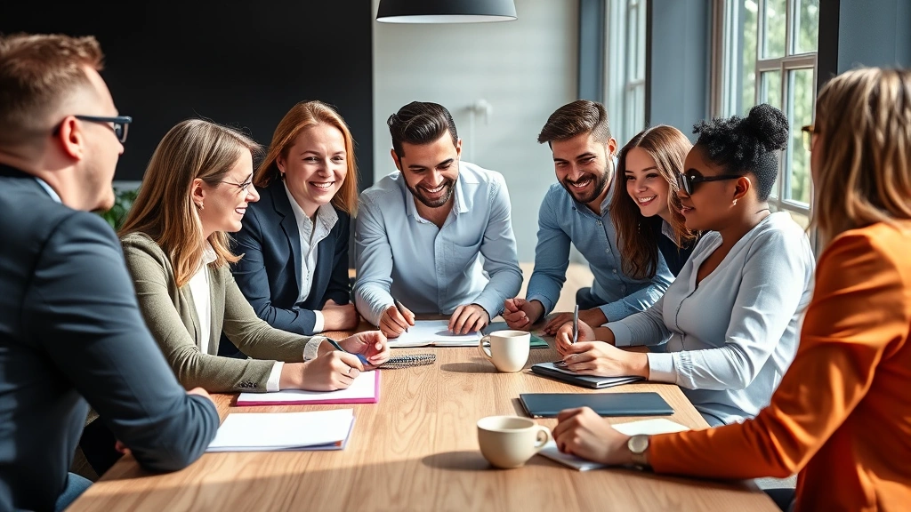 Diverse group of professionals collaborating around modern table, sharing ideas with enthusiasm, bright natural light, notebooks and coffee visible, representing strategic relationship building