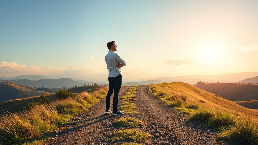 Person standing at crossroads in beautiful landscape with multiple paths ahead, thoughtful posture, clear sky, symbolic of choosing growth opportunities and life direction