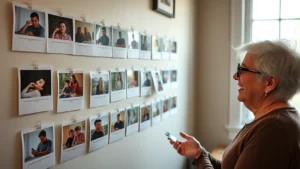 Person reviewing printed progress photos arranged chronologically on a wall, smiling with recognition of visible advancement, natural window lighting, casual home setting, showing genuine emotional response to documented growth