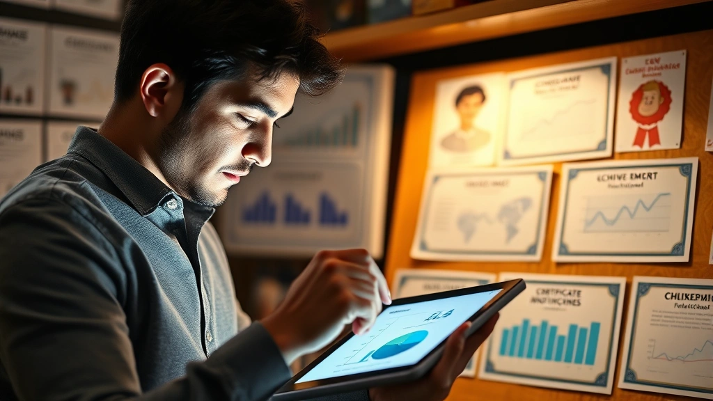 Individual examining digital progress charts and graphs on tablet device, focused expression, surrounded by achievement markers and milestone certificates displayed nearby, warm lighting suggesting personal reflection space