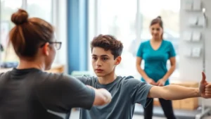 Young athlete in physical therapy session performing guided rehabilitation exercises with professional therapist in bright, modern clinic setting, focused concentration, recovery progress visualization