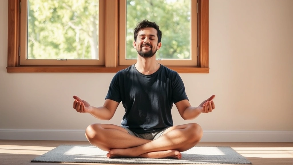 Person sitting peacefully in natural sunlight by large window, practicing meditation or visualization techniques, hands relaxed, serene expression, indoor wellness environment