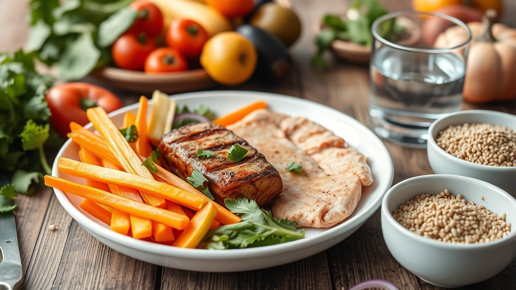 Healthy nutritious meal preparation scene with colorful vegetables, lean protein, whole grains, and water glass on wooden table, emphasizing healing nutrition and recovery nourishment