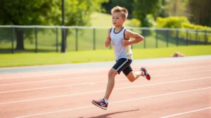 Young athlete with proper running form on outdoor track, showing good posture and foot strike, bright natural lighting, dynamic motion, healthy active lifestyle