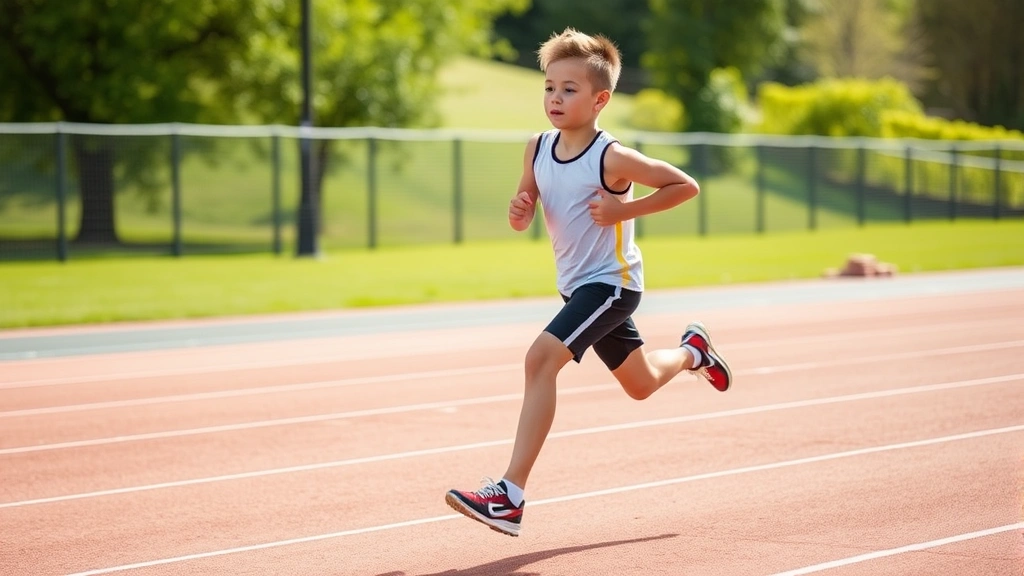 Young athlete with proper running form on outdoor track, showing good posture and foot strike, bright natural lighting, dynamic motion, healthy active lifestyle