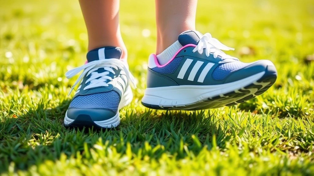 Close-up of young person's feet in properly fitted athletic shoes on grass, showing correct arch support and shoe fit, natural sunlight, focus on foot health and footwear