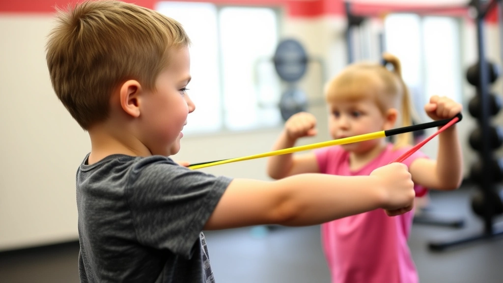 Child performing age-appropriate strength training exercises with resistance band, proper form and technique, professional gym setting, emphasis on safe training practices