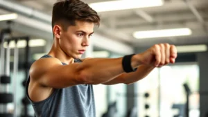 Young athlete performing wrist strengthening exercises with resistance band in modern gym, focused expression, proper form, natural lighting, athletic wear, determined posture