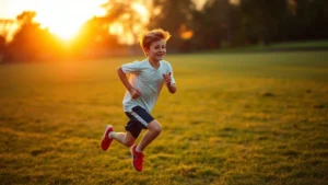 Young athlete running outdoors on grass field during golden hour sunset, showing dynamic motion and joy, healthy adolescent development in natural light