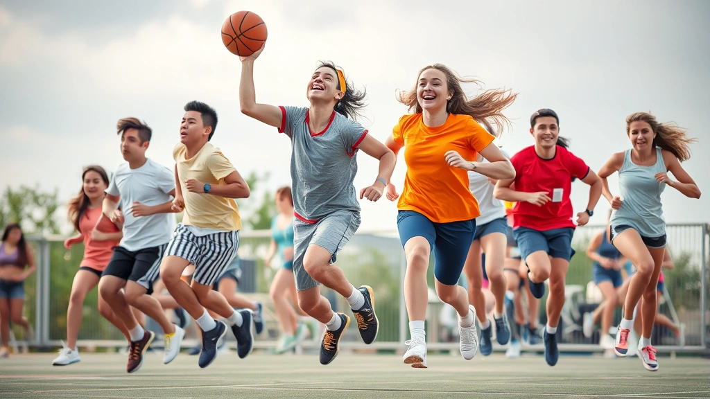 Diverse group of teenagers engaged in various sports activities—basketball, running, jumping—displaying active physical development and movement, vibrant and energetic atmosphere