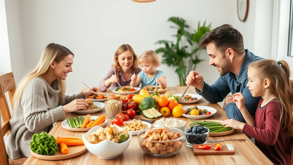Family enjoying healthy meal together at dining table with fresh vegetables, fruits, whole grains, and lean proteins, showcasing nutritious eating habits for growth