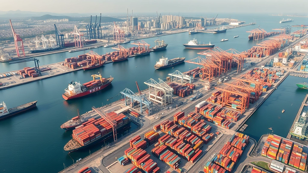 Panoramic view of bustling port city with cargo ships, cranes, and container terminals illustrating strategic geographic positioning and infrastructure enabling trade growth