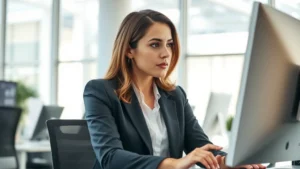 Professional woman analyzing data on computer screen with spreadsheet visible, focused expression, modern office environment, natural lighting, confident posture suggesting expertise and achievement