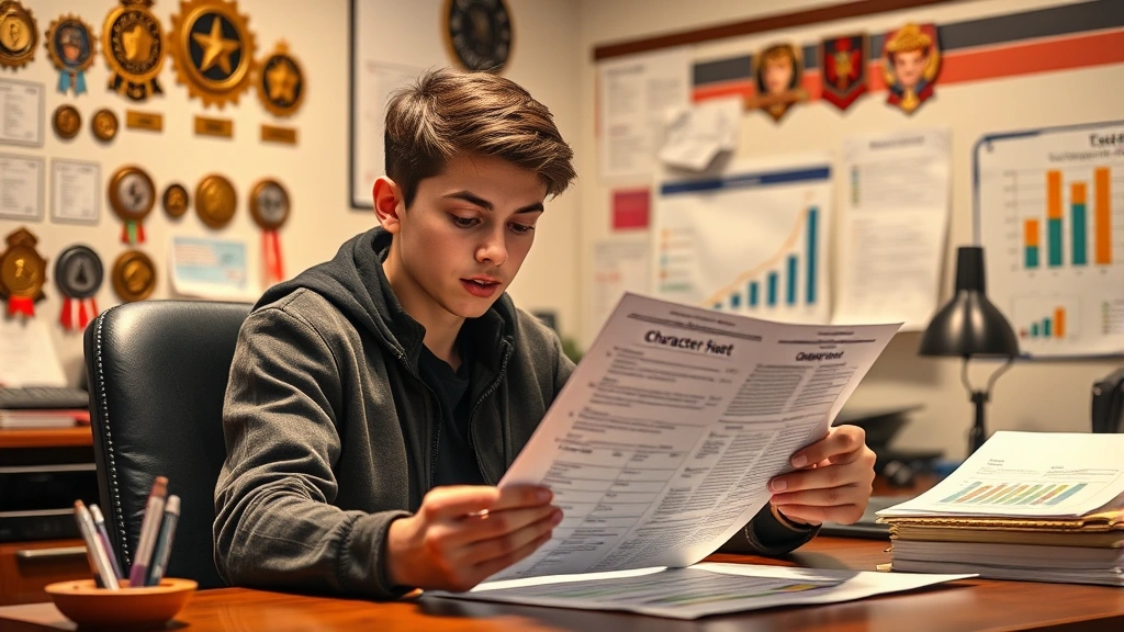 Young adult sitting at desk reviewing character sheet document, surrounded by achievement badges and progress charts, warm office lighting, focused expression of determination