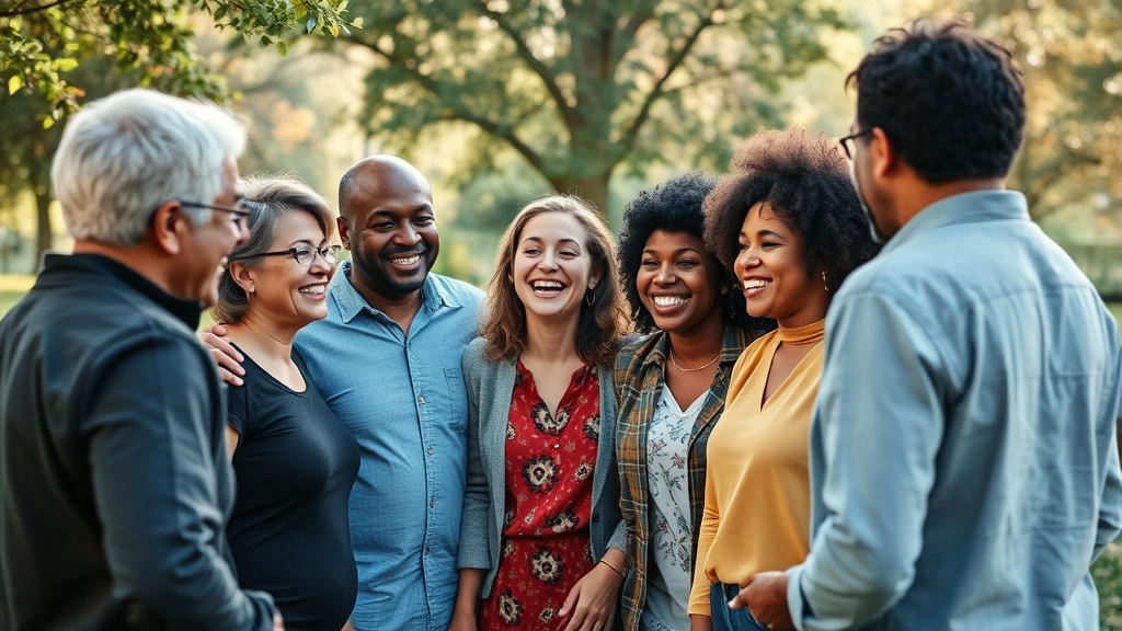 Group of diverse people in supportive circle laughing together, outdoor setting, natural light, representing community and accountability in personal growth journey