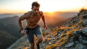 A determined adult climbing a steep mountain trail during sunrise, muscles engaged, focused expression, natural landscape background, wearing casual athletic clothes, sweat visible, mid-stride showing determination and progress