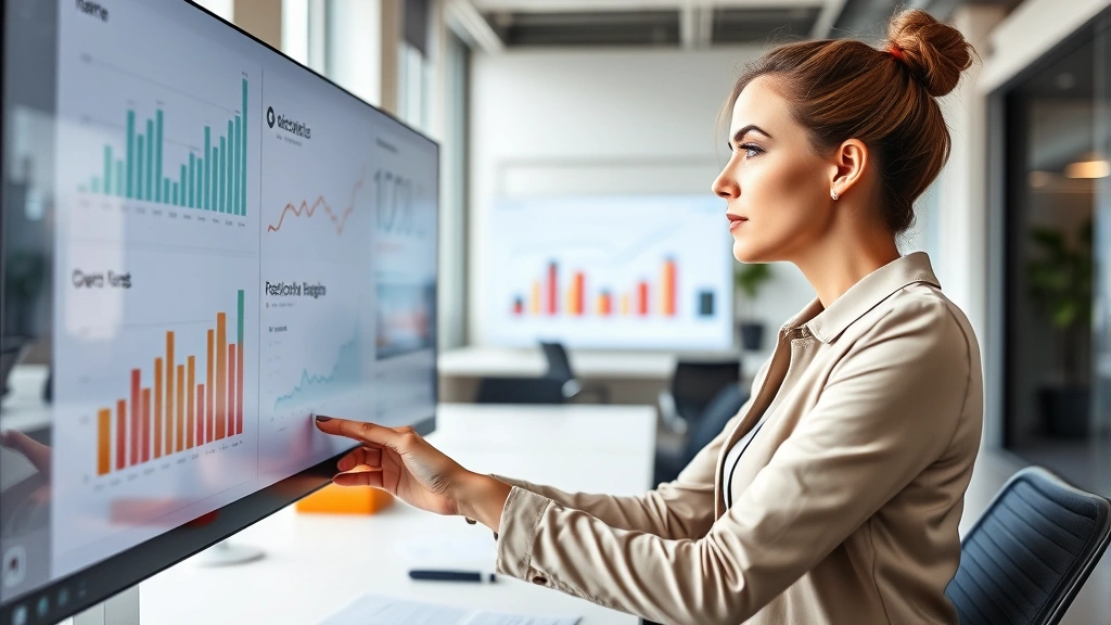 Professional woman in modern office analyzing strategic charts and growth matrices on a large digital display, confident expression, natural lighting through windows, contemporary workspace environment