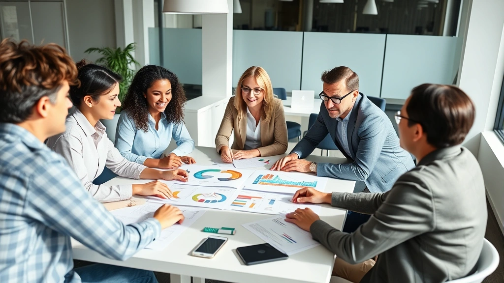 Diverse team of professionals collaborating around a table with colorful strategic planning documents and charts, engaged discussion, bright modern office setting, natural daylight