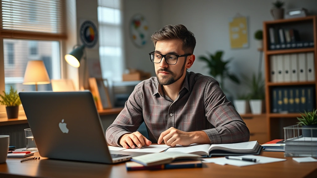 Individual reviewing personal development goals and strategic priorities at desk with laptop and notes, focused expression, warm office lighting, organized workspace with growth-related materials visible