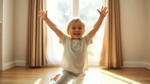 Young child stretching arms upward indoors, radiating joy and vitality, sunlight streaming through window illuminating their face, wearing comfortable casual clothes, barefoot on wooden floor, expressing pure happiness and energy