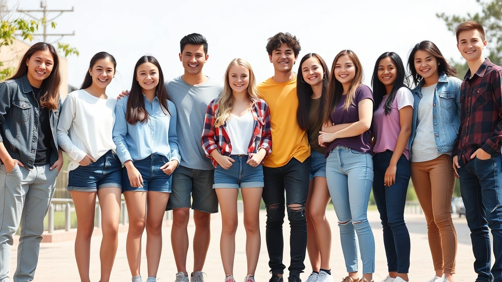 Diverse group of teenagers standing together outdoors in natural light, showing varying heights and builds, smiling confidently, wearing casual contemporary clothing, representing normal variation in adolescent development and physical maturation