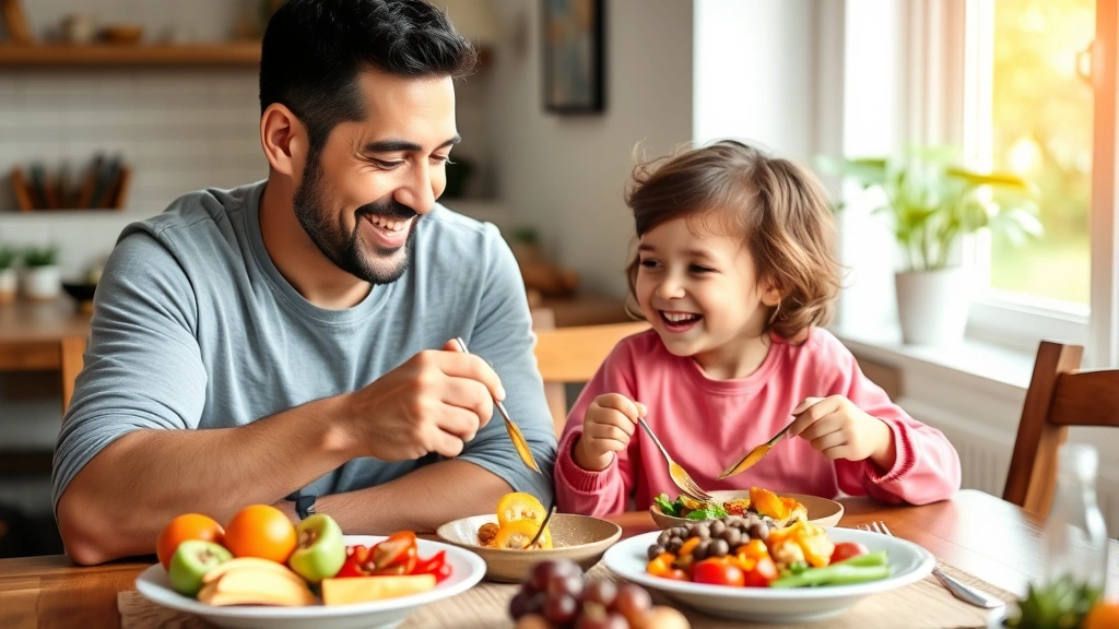 Parent and child sharing healthy meal together at dining table, colorful nutritious foods visible including fruits, vegetables, and proteins, warm natural lighting, genuine connection and positive mealtime interaction, both smiling