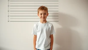 Young teenager standing against height measurement wall, looking confident and comfortable with their changing body, natural lighting, showing positive body acceptance during growth phase