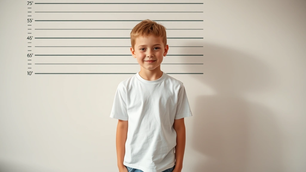 Young teenager standing against height measurement wall, looking confident and comfortable with their changing body, natural lighting, showing positive body acceptance during growth phase