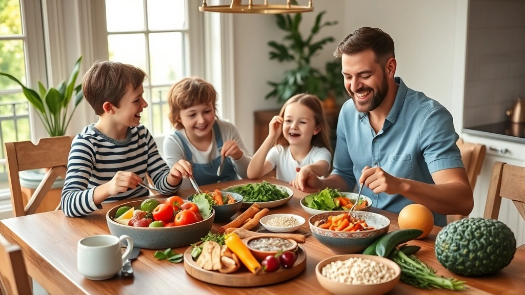 Family eating nutritious meal together at dining table with fresh vegetables, lean proteins, and whole grains, warm natural light, emphasizing healthy nutrition during growth periods