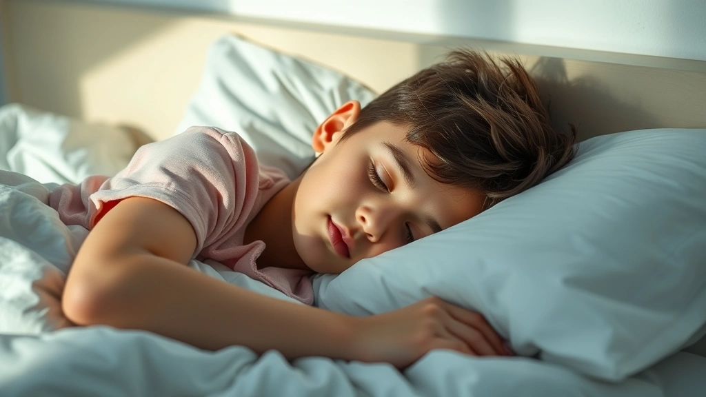 Adolescent sleeping peacefully in bed with soft natural morning light, representing restorative sleep essential for growth hormone production and healthy development