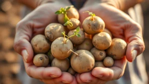 Hands holding healthy seed potatoes with visible eyes and sprouts, demonstrating quality selection criteria, warm lighting, close-up agricultural detail