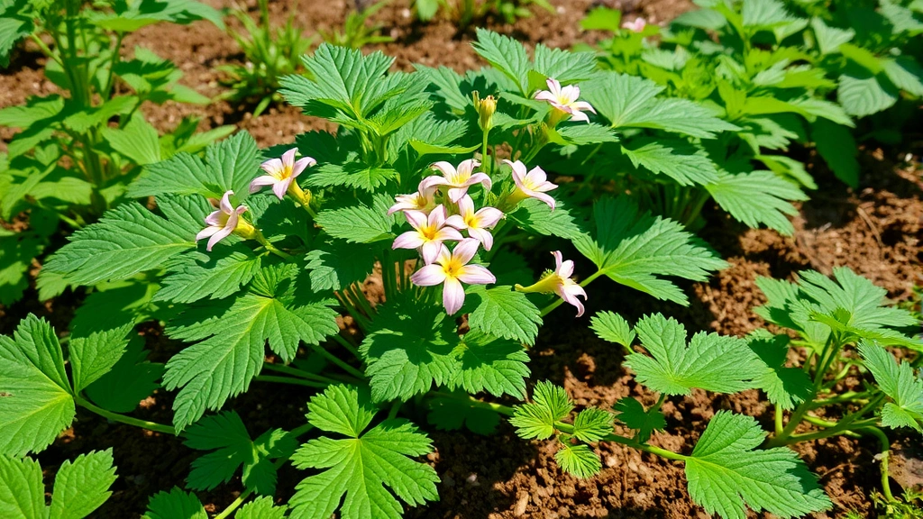 Vibrant potato plant with lush green foliage and flowering blooms in mid-growth stage, showing canopy development in sunlit garden setting with rich soil visible