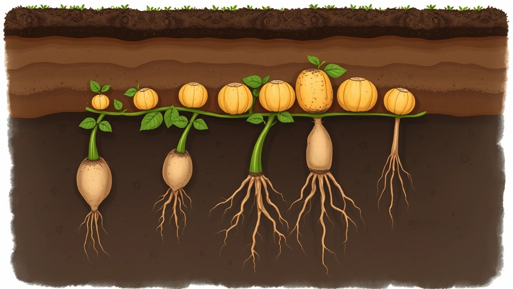 Underground cross-section illustration showing developing potato tubers at various sizes on stolons, with mature roots in dark soil, educational agricultural perspective