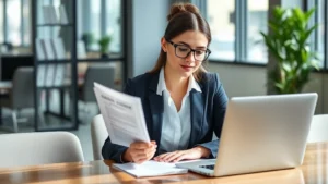 Professional woman in business attire reviewing career development notes at modern office desk with laptop, confident expression, natural lighting, focused and motivated demeanor