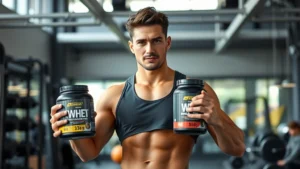 Athletic person in modern gym holding supplement containers and protein powder, natural lighting, focused expression, demonstrating strength and vitality, realistic photography