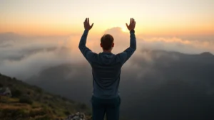 Person standing at the base of a misty mountain at sunrise, hands raised in determination, wearing comfortable athletic clothes, natural landscape background, inspirational atmosphere