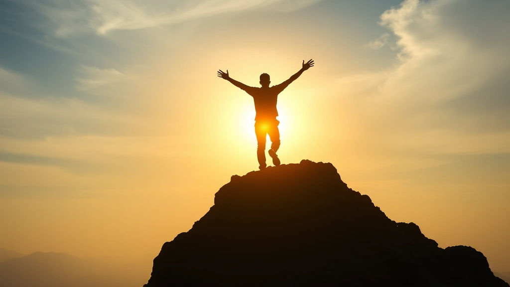 Silhouette of a person climbing upward on an ascending rocky path toward golden sunlight, arms stretched forward in triumph, expansive sky background, representing achievement and progress