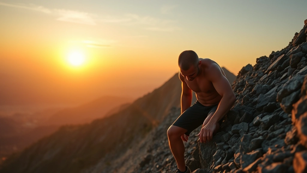 A determined person climbing a steep mountain at sunrise, muscles engaged, focused expression, nature landscape background, golden light, growth visualization