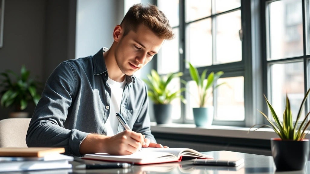 Young professional in modern office writing in notebook with coffee, natural window light, plants visible, concentrated posture, personal development scene