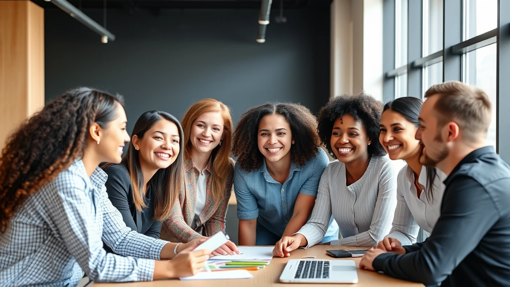 Group of diverse people in collaborative circle sharing ideas, smiling engaged faces, teamwork atmosphere, modern bright setting, mutual support and growth