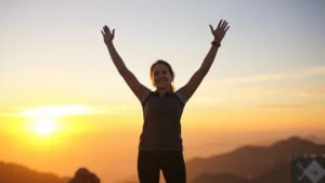 Young professional woman standing at mountain peak at sunrise, arms raised in triumph, confident expression, athletic wear, scenic landscape background, golden light, representing achievement and personal growth breakthrough