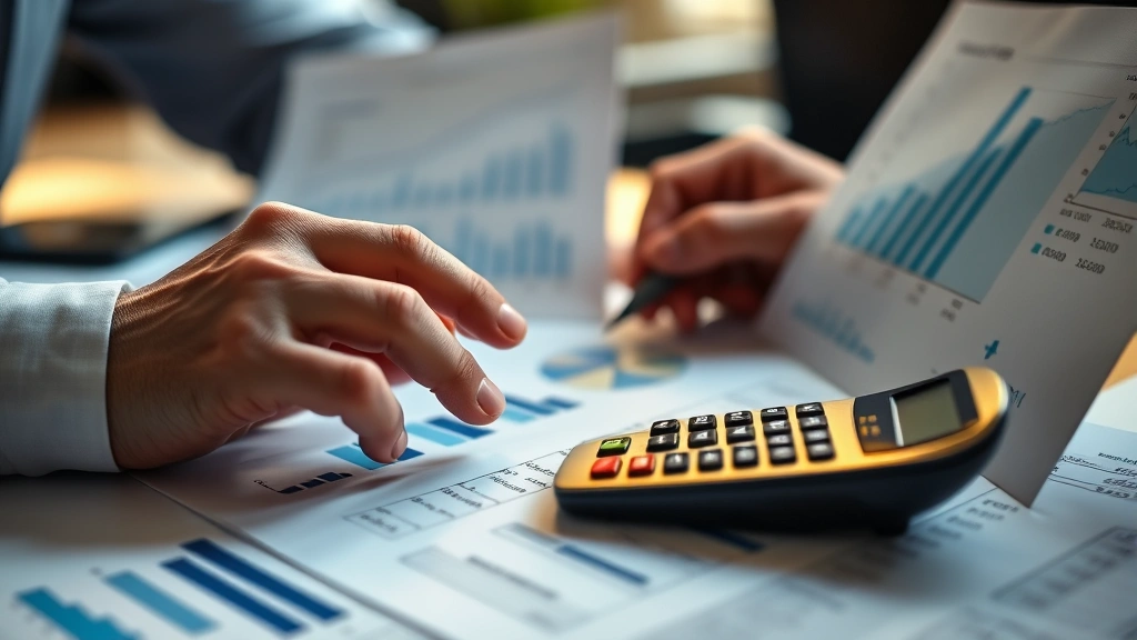 Close-up of hands reviewing financial documents and graphs, calculator visible, warm office lighting, concentration on numerical analysis and investment data