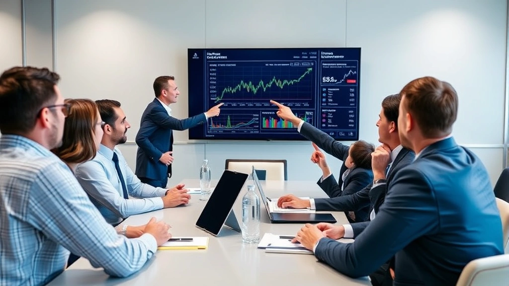 Diverse group of investors in boardroom discussing portfolio strategy, pointing at digital screen displaying market trends, engaged discussion, professional environment