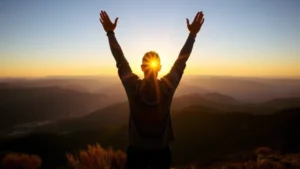 Person standing at sunrise on a mountain peak, arms raised in celebration, golden light illuminating their face, mountains and valleys visible below, conveying triumph and potential unlocked