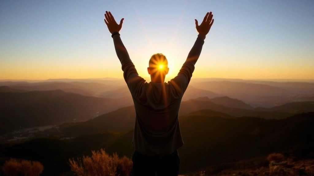 Person standing at sunrise on a mountain peak, arms raised in celebration, golden light illuminating their face, mountains and valleys visible below, conveying triumph and potential unlocked
