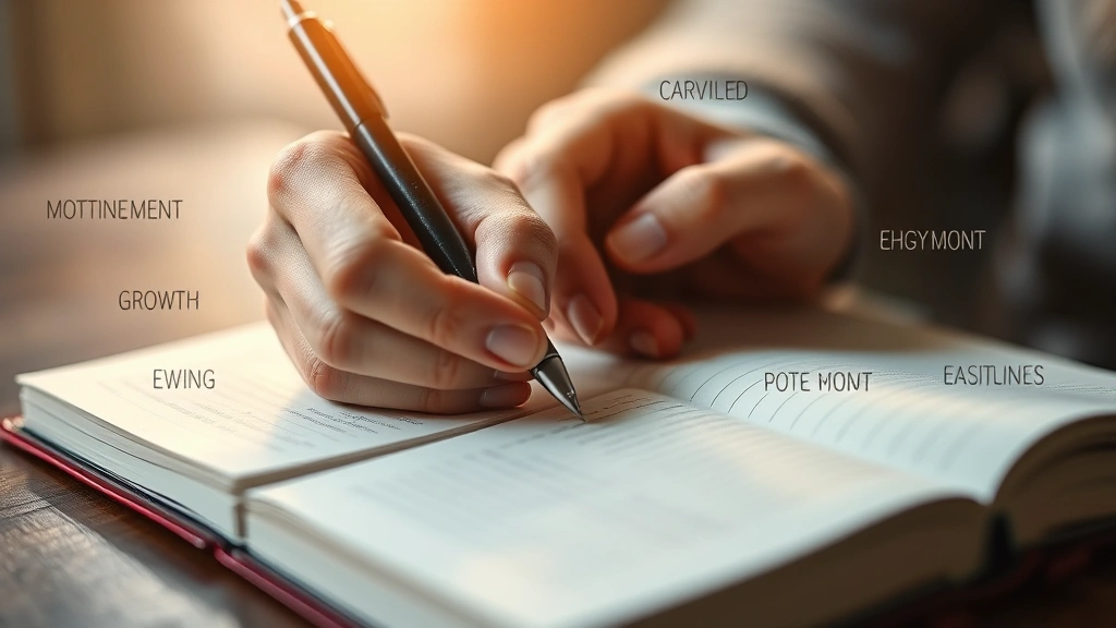 Close-up of hands writing in a journal with pen, surrounded by inspirational words floating in soft light, capturing intentional personal development and growth mindset practice