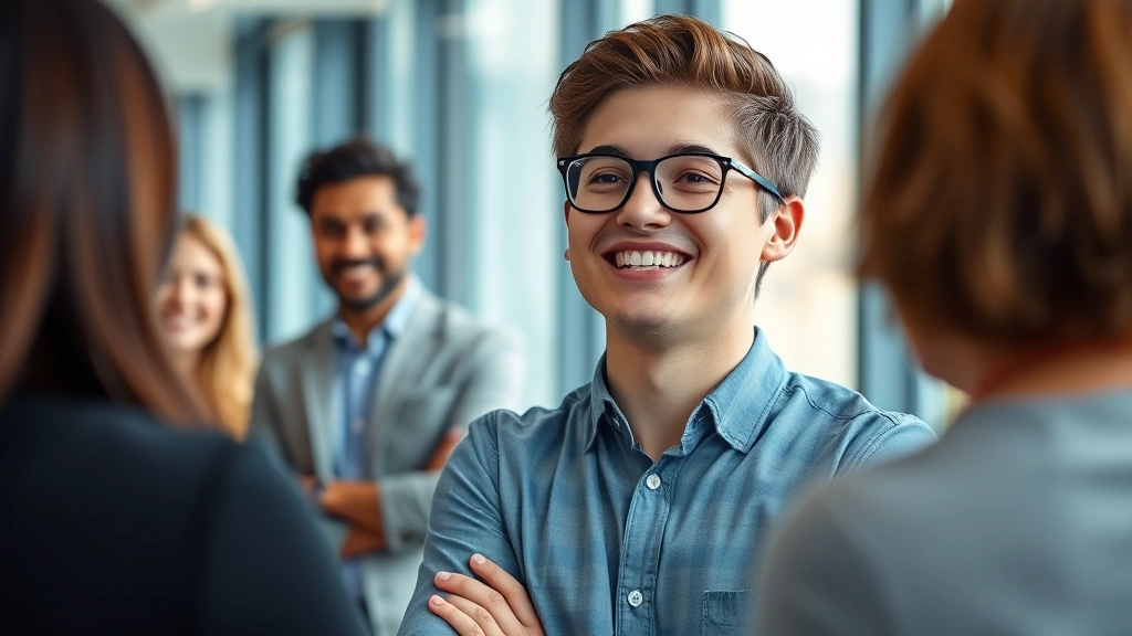 Young professional in a modern office setting, smiling confidently during a presentation, colleagues engaged and supportive in background, representing authentic growth and emerging leadership capability
